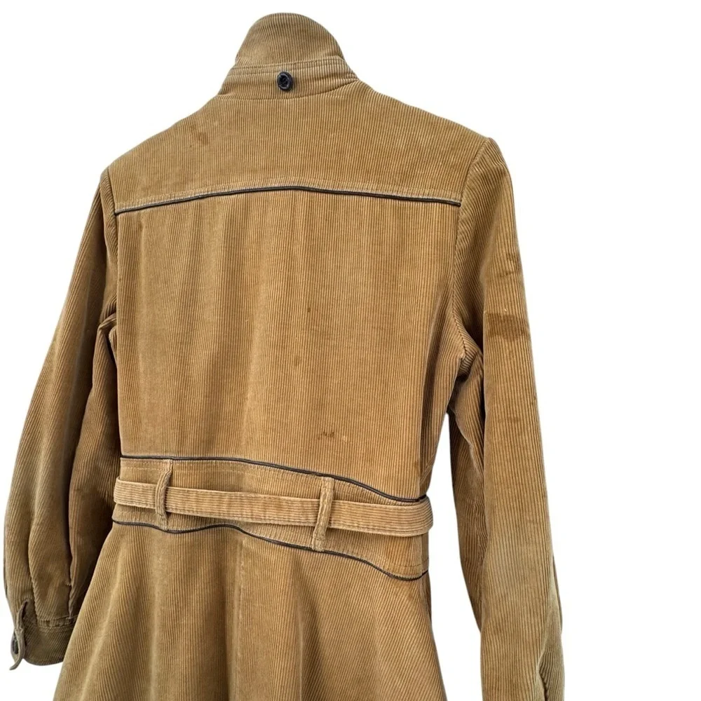 Vintage 70s Women's Trench Coat Corduroy Leather Trim Belted Brown Swing Skirt M - Picture 9 of 15